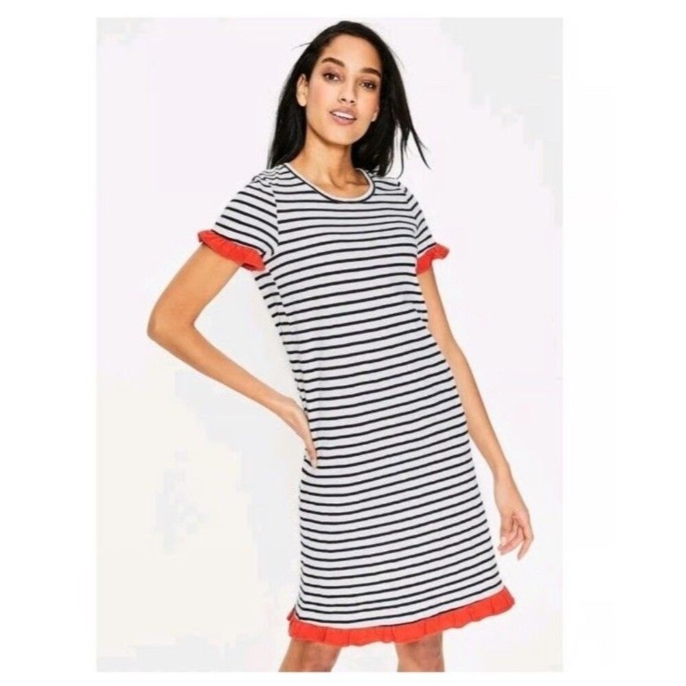 NWT BODEN Emily Ruffle Cotton Dress Ivory Navy Stripe Size 8